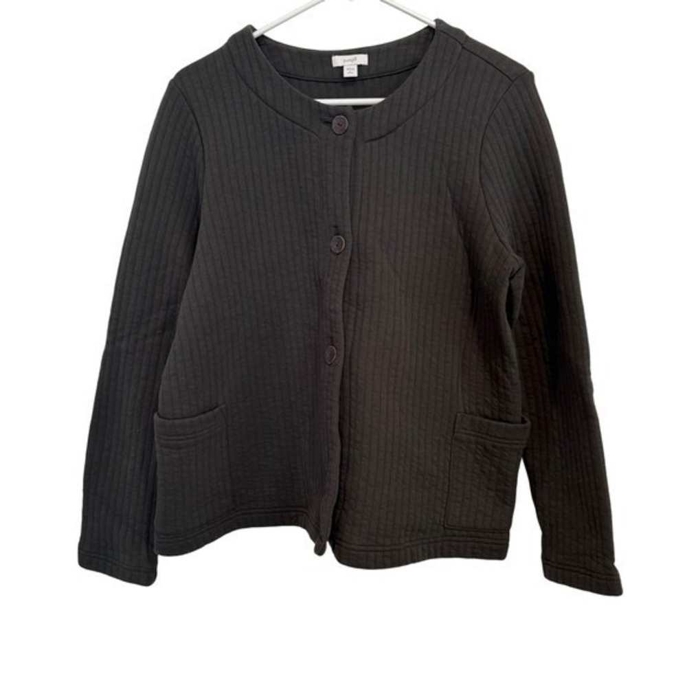 Pure Jill Quilted Button Front Jacket Petite‎ Large Grey Ribbed Pockets Cozy